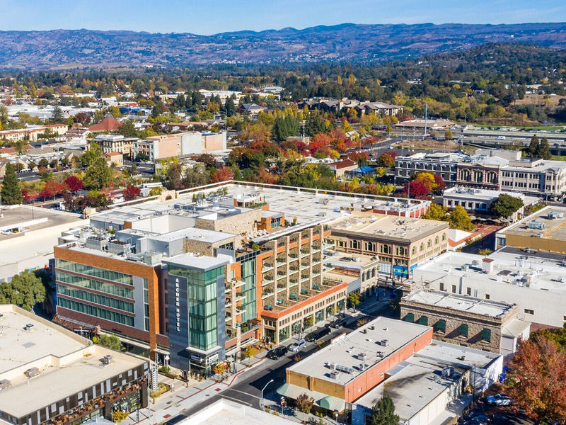 an aerial view of First Street Napa, as featured in the Azur Wines wine blog on the best spots to see in downtown Napa in a day
